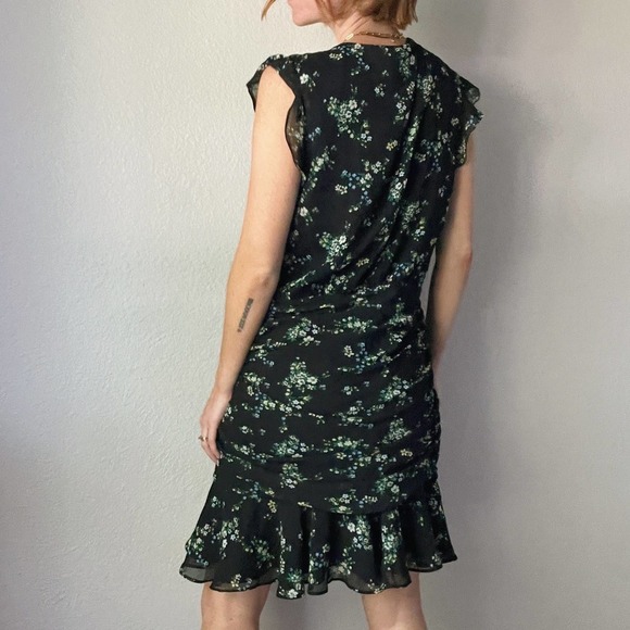 Banana Republic Black Floral Ruched Wrap Ruffle Mini Dress - Picture 4 of 7
